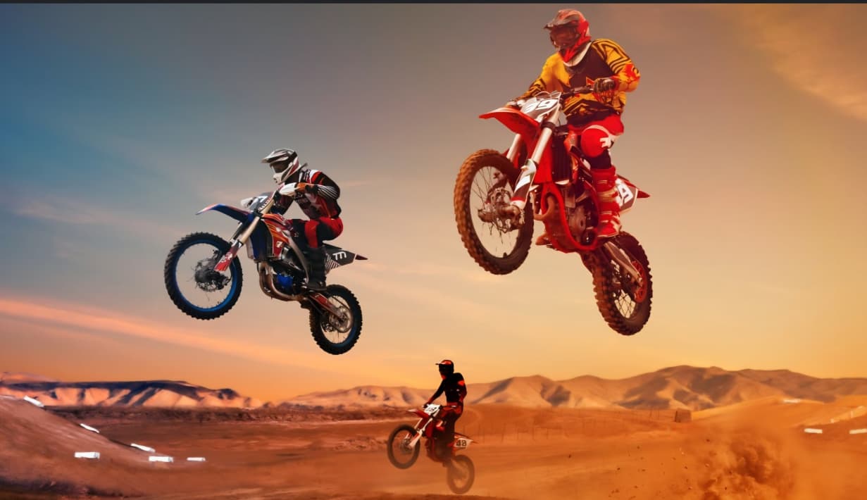 Motocross rider launching off jump with perfect form